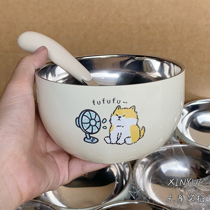 Food-Grade Stainless Steel Bowl Set for Home Use, Double-Layer Insulated Rice Bowl for Children and Adults, Anti-Fall Soup Bowl, Thickened and Multi-Functional