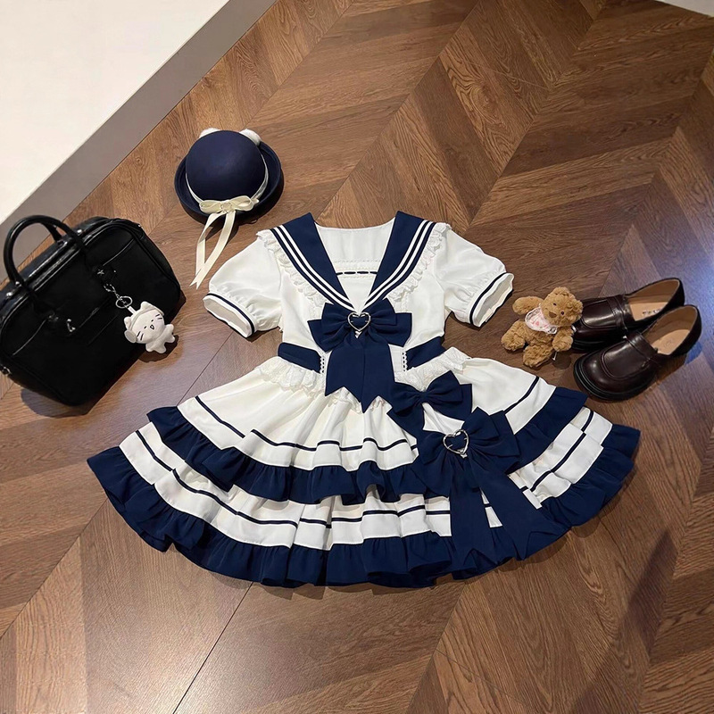 甜美温柔少女感Lolita裙洛丽塔海军学院风撞色拼接收腰蓬蓬连衣裙|undefined