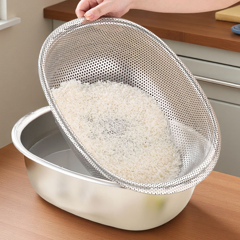 Cuenca de drenaje grande de acero inoxidable para lavar verduras domésticas tamiz de arroz para cocina doméstica multiuso de gran capacidad cuenca de arroz
