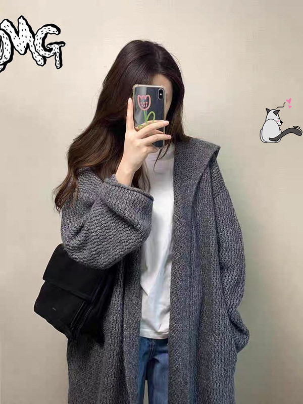 灰色中长款连帽毛衣外套女早秋季韩系气质宽松慵懒松弛感针织开衫|undefined