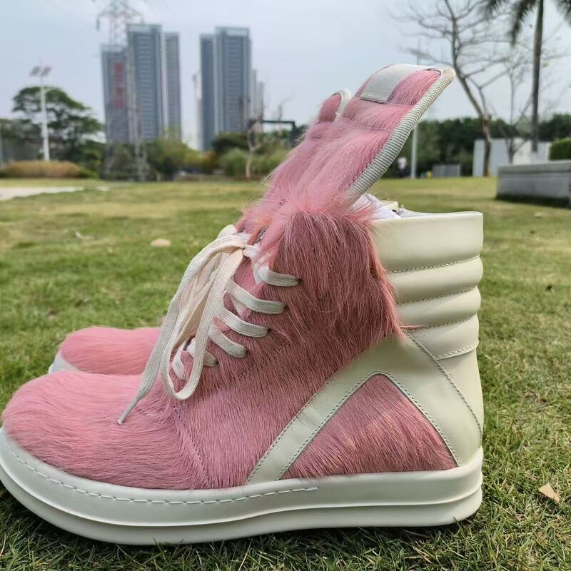2025 New Pink Luxury Horse Hair High-Top Sneakers for Men European and American Trendy Thick-Soled Lace-Up Couple Casual Shoes