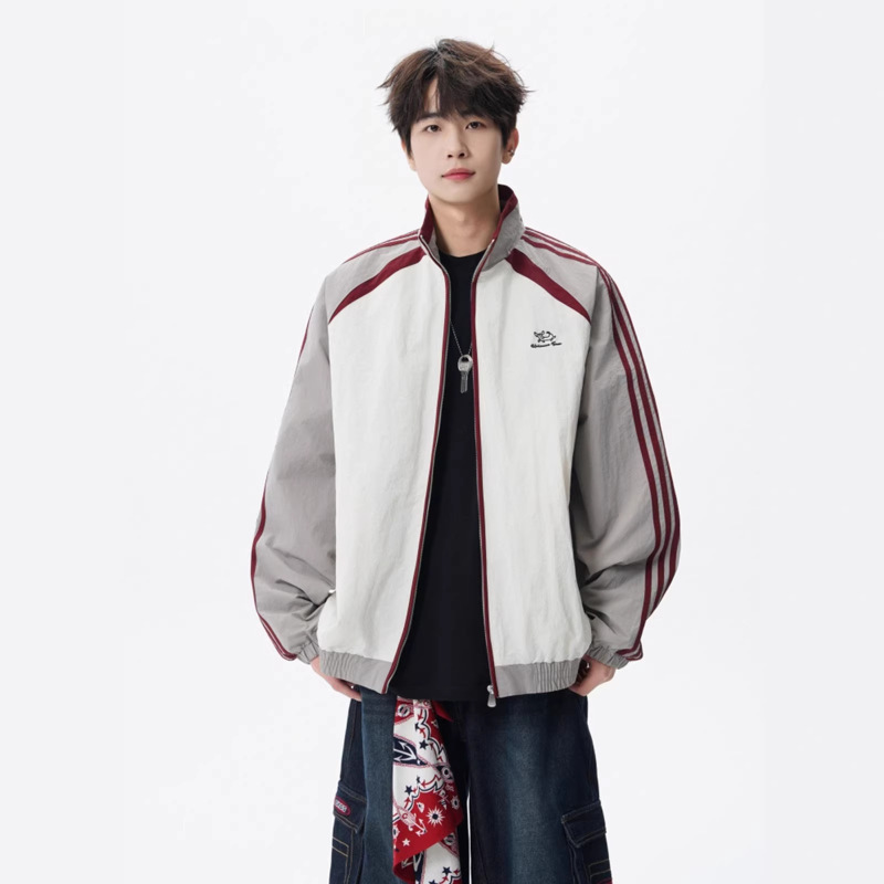American Retro Color-Block Sports Jacket for Men, Spring High Street Striped Stand-Collar Coat, Loose-Fitting Casual Top for Couples