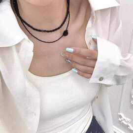 精致黑玫瑰串珠项链气质配饰女轻奢时尚小众高级感双层叠戴锁骨链