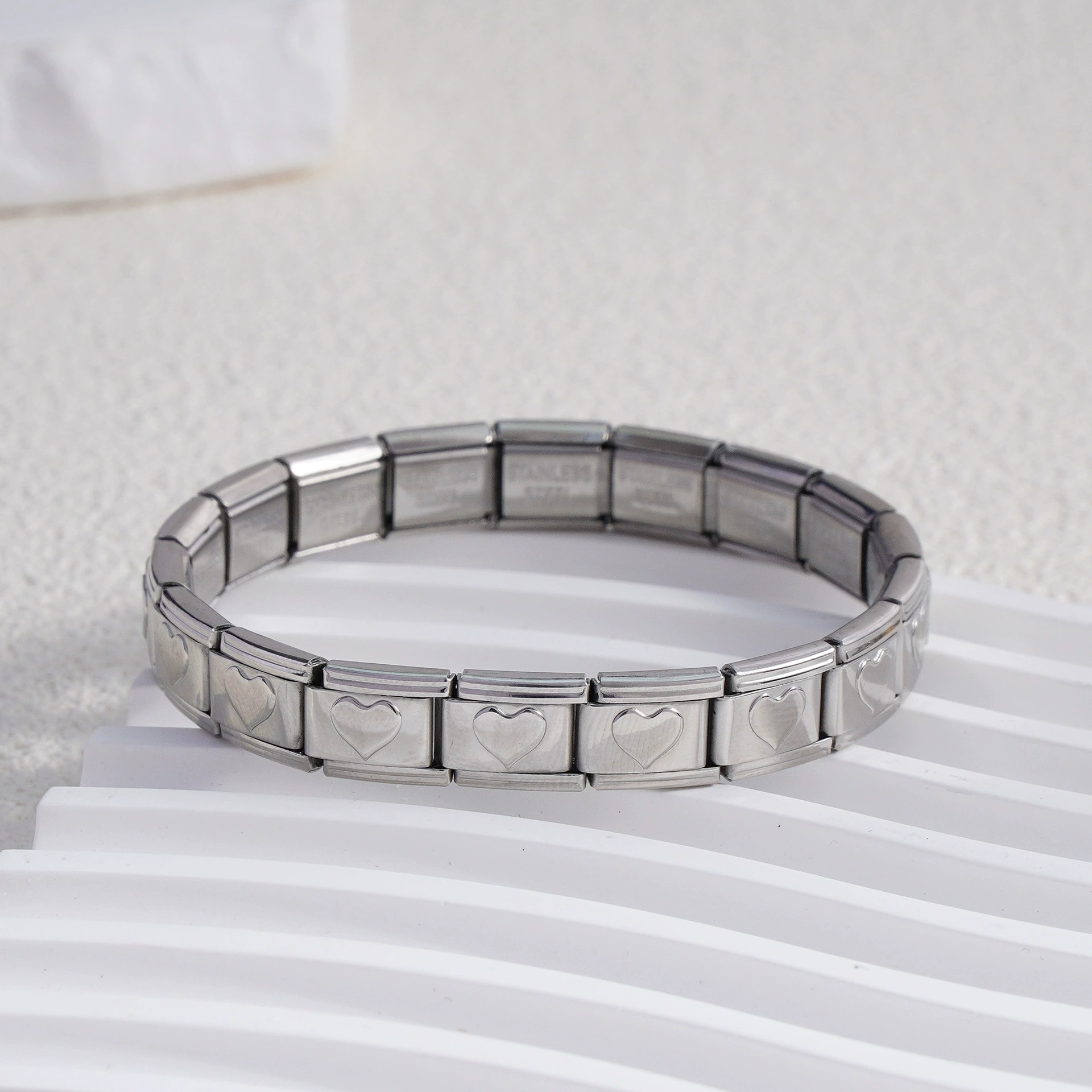 stainless steel bracelet, removable elastic link watch strap, italian european style, assorted charms