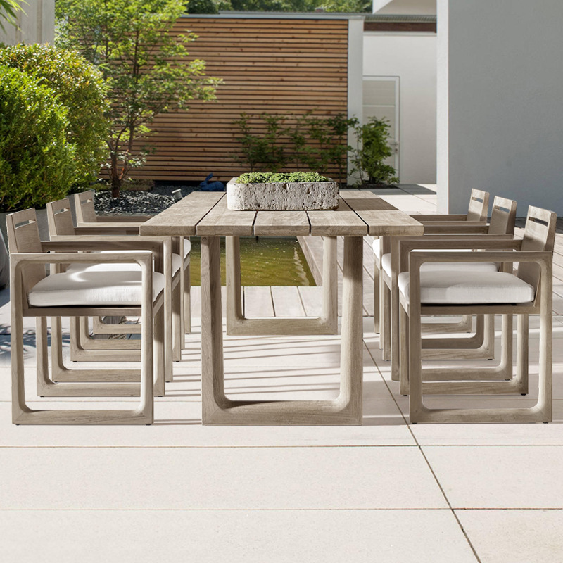 Patio al aire libre combinación de mesa y silla de teca Terraza de villa al aire libre mesa larga de madera maciza al aire libre impermeable y protector solar muebles de ocio