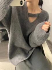 镂空灰色v领针织毛衣女秋冬2025新款设计感小众高级感慵懒风上衣