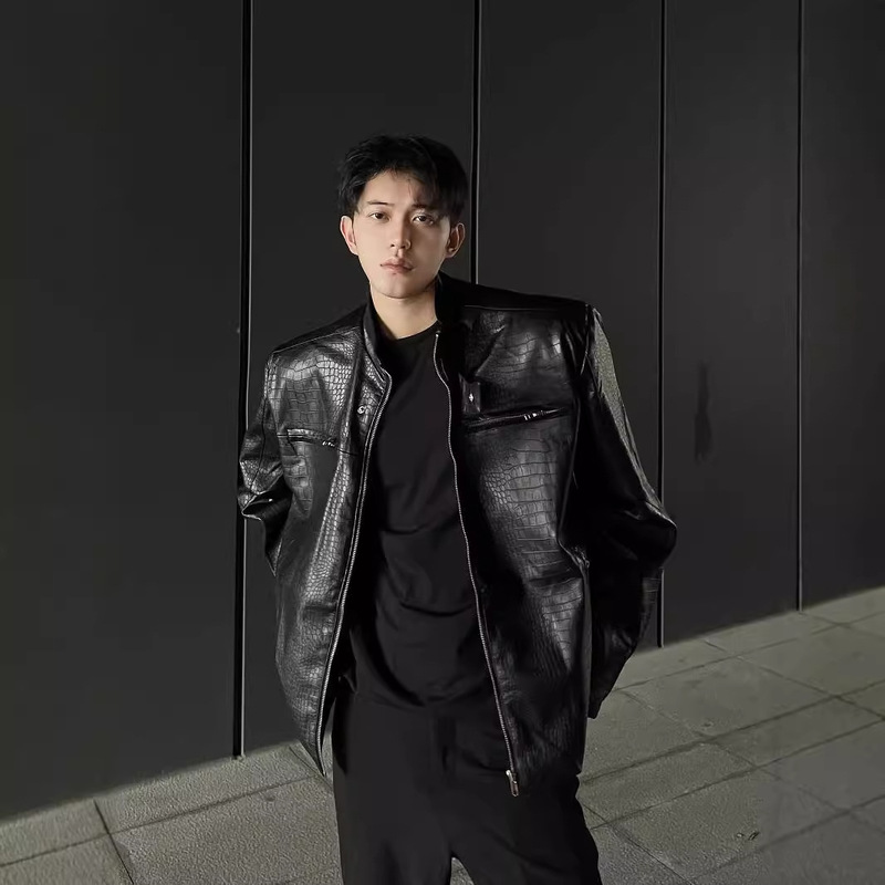 2024 Spring and Autumn High-end Crocodile Pattern PU Leather Jacket Men's Duffy Handsome Trendy Niche Design Sense Top Jacket