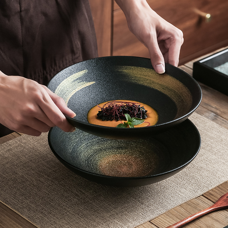 Tazón de sopa grande de cerámica de arena de oro negro pintado a mano, tazón de ensalada de alta calidad, vajilla de hotel, plato de cerámica, tazón de comedor doméstico, grande