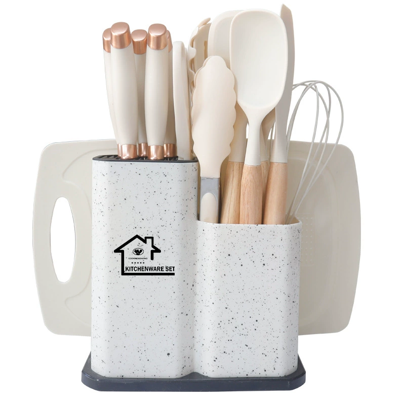 19-piece silicone kitchenware set, marble pattern with knife and holder, Nordic colors
