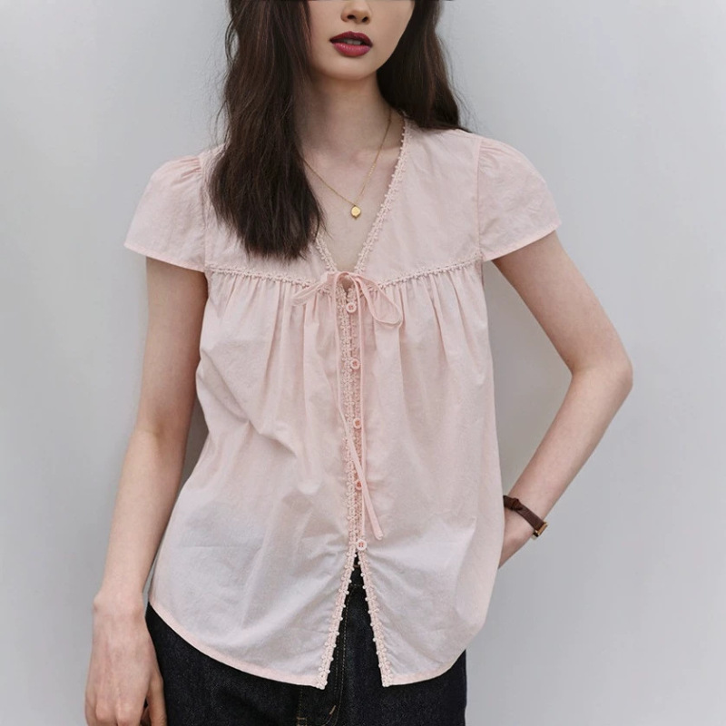 Mustard Pink V-Neck Lace Pleated Shirt for Women, New Summer Style with Tie, Sweet and Versatile Slimming Top Mustard Pink V-Neck Lace Pleated Shirt for Women, New Summer Style with Tie, Sweet and Versatile Slimming Top