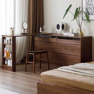 Black Walnut Dresser and Cupboard Integrated Solid Wood Retractable Desk Small Apartment Bedside Storage Locker Corner Table