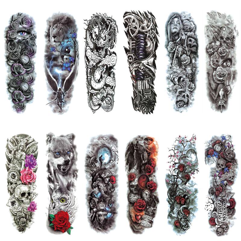 Full Arm Tattoo Stickers Cross-Border Men and Women Simulated Full Arm Prajna Geisha Dark Realistic Tattoo Blue and White Arm Half Arm Tattoo Stickers
