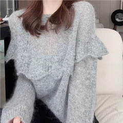 灰色毛衣女士秋冬慵懒风宽松显瘦软糯马海毛打底针织衫设计感上衣