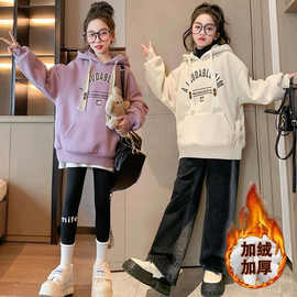 2024新款女童韩版卫衣中大童秋冬款洋气加绒加厚时髦连帽保暖上衣