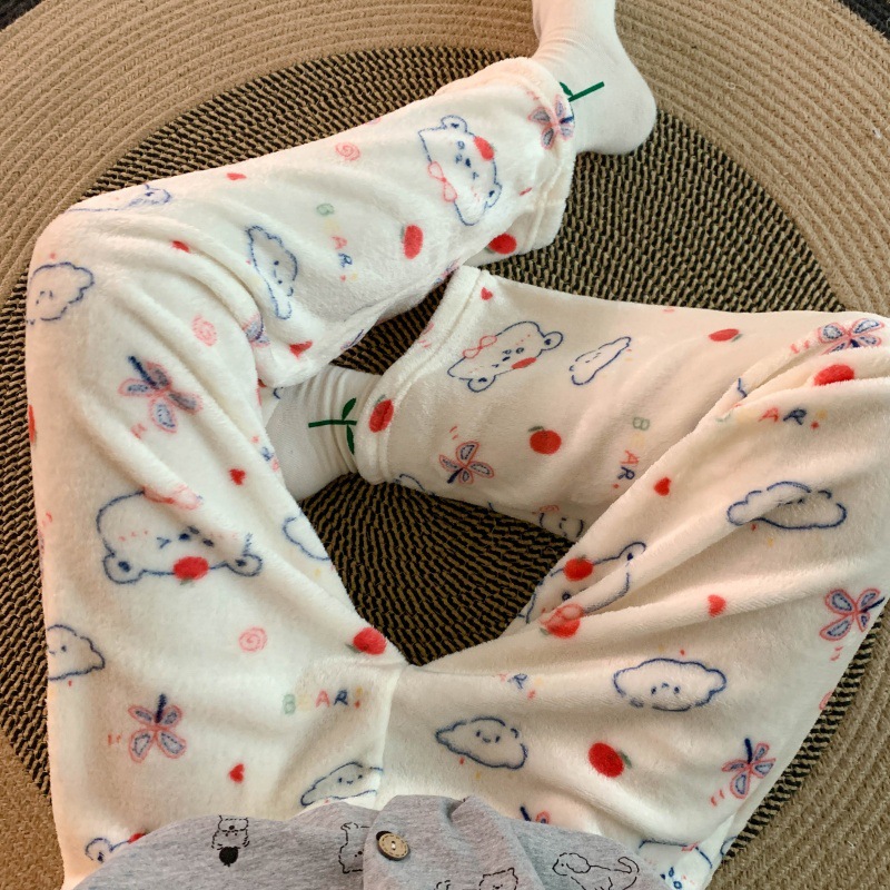 Pantalones de pijama de franela de dibujos animados de otoño y invierno para mujeres con pantalones de lana de coral caliente para estudiantes de lana de invierno para el hogar