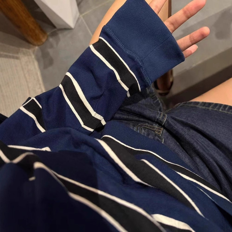 小个子藏蓝色条纹圆领无帽卫衣女秋冬季美式慵懒松弛宽松短款上衣|undefined