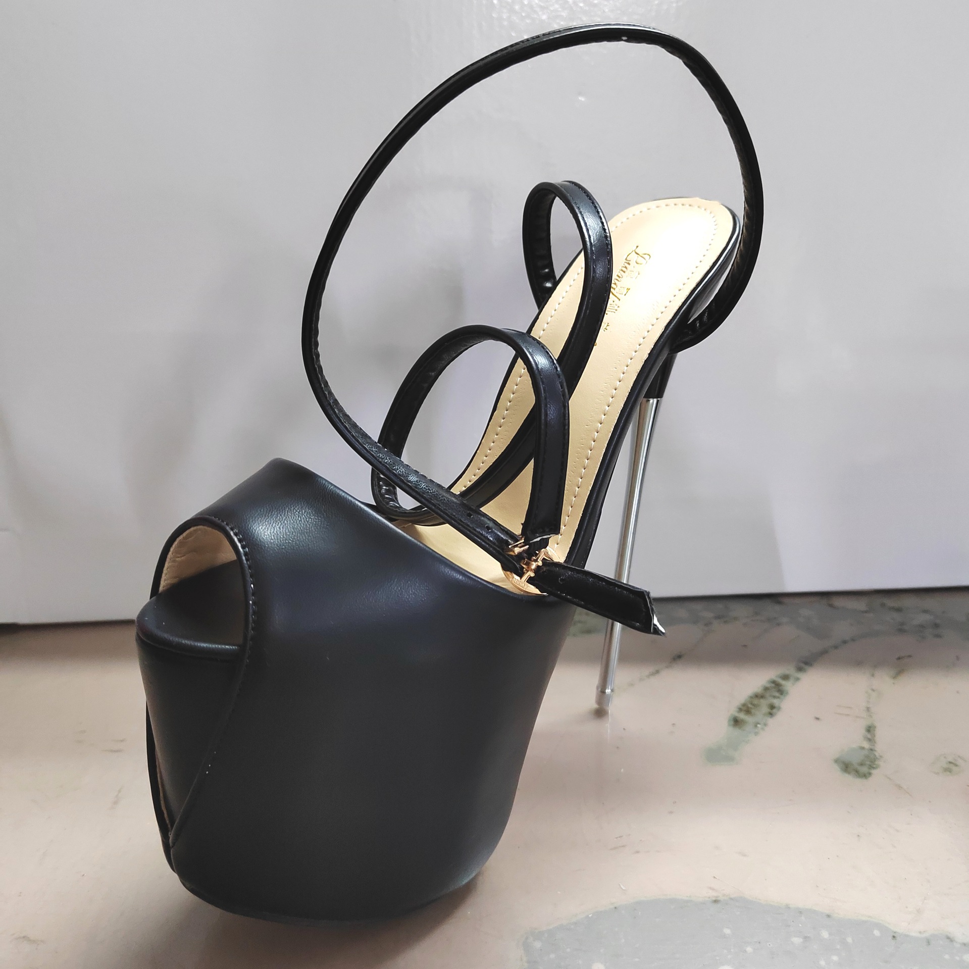 Giày sandal cao gót nữ hở mũi dây đeo gót thép gót 19 cm — đen chi tiết 1
