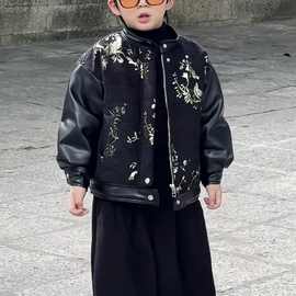 男童皮衣外套2025冬装新款时尚儿童皮夹克痞帅男宝宝冬季加厚套装