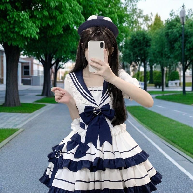 Seaside Summer Navy Style Cyan Blue Youthful Energetic Girl Jk Cake Tutu Skirt Dress Lolita