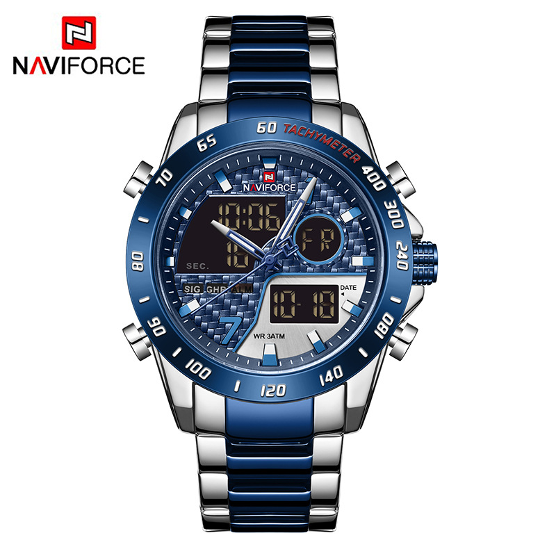 Naviforce lingxiang 9171 nueva pantalla doble movimiento reloj de los hombres calendario semanal tiempo luminoso multifuncional