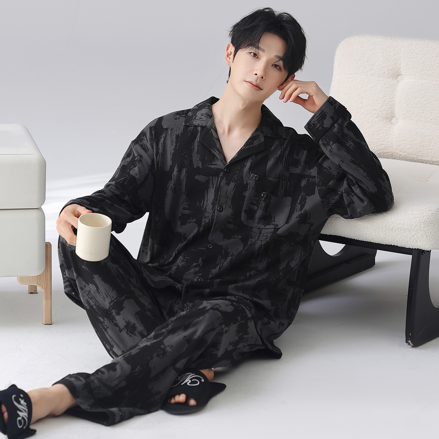 『Shi Ran』Men's Spring and Autumn Modal Cotton Long-Sleeve Cardigan 7A Antibacterial Anti-Mite Simple Homewear Suitable for Outdoor Wear