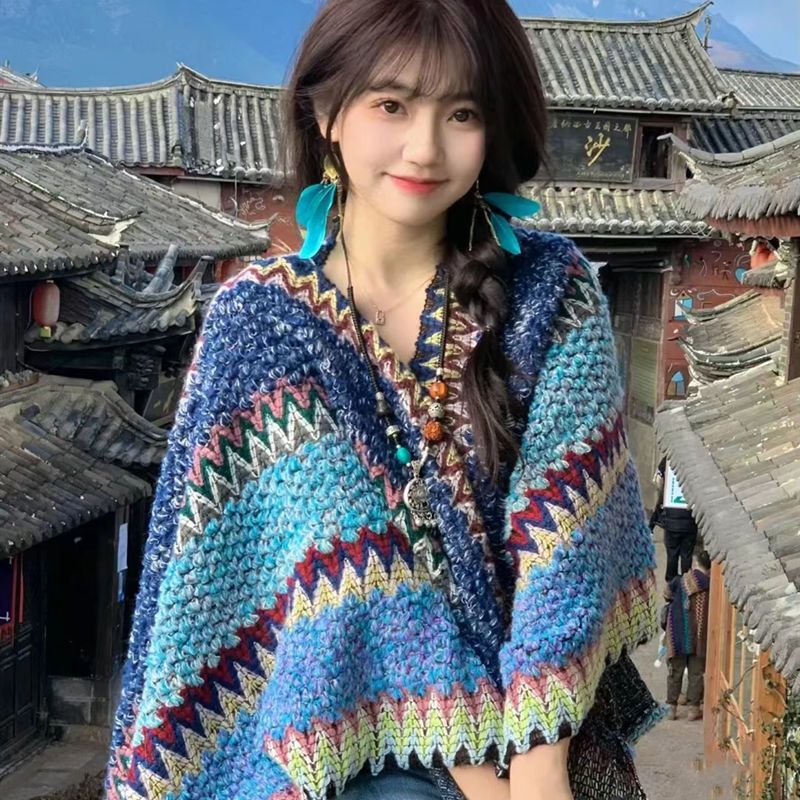 云南丽江大理旅游毛球披肩仿獭兔毛毛领民族风围巾斗篷披风外套女|undefined
