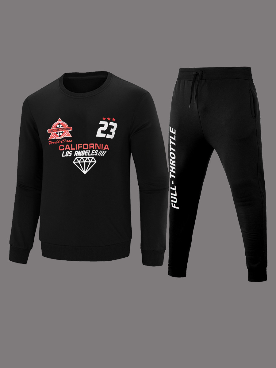 casual color matching round neck sweatshirt suit FULL letter print sweatshirt and sweatpants suit for women_voghion.com