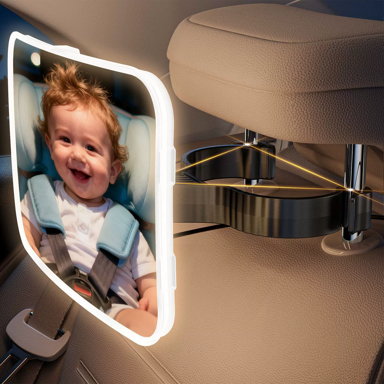 LED灯光款宝宝观察镜安全座椅反向后视镜九档亮度调节后视辅助镜