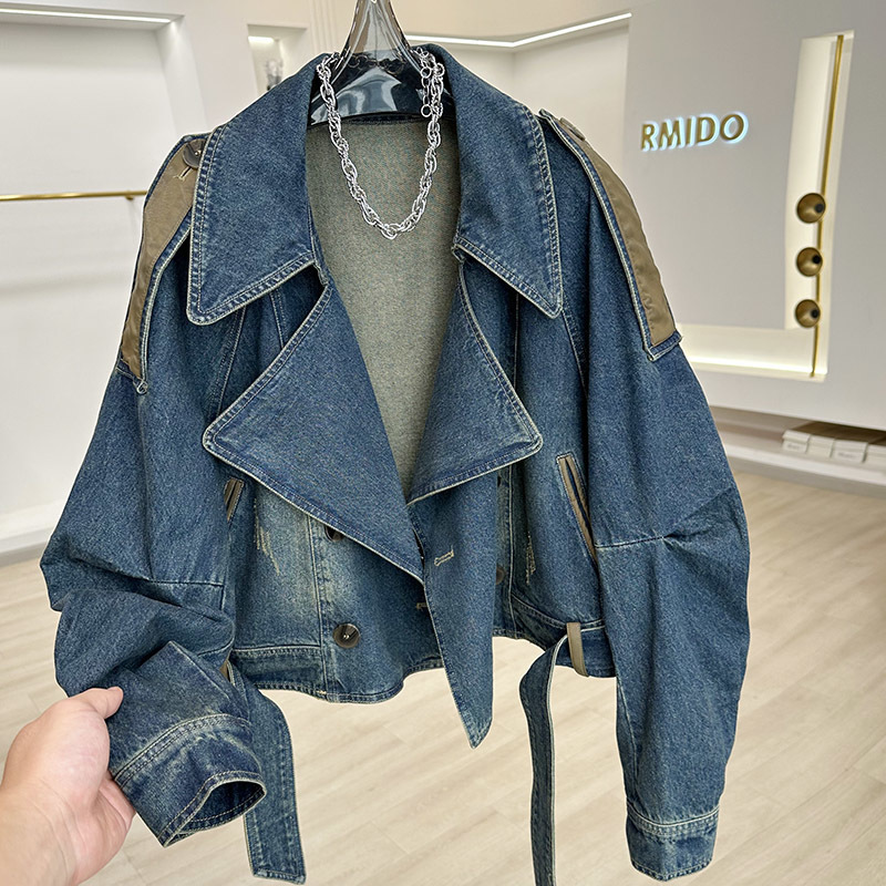 レトロなダメージ加工レザーデニムショートジャケットレディースデザインニッチカジュアルルーズショートスタイルトップス|undefined