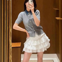 法式优雅2025早秋新款时尚拼色翻领短袖针织开衫上衣女