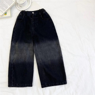 Autumn and Winter Men's and Women's Children's Wear Jeans Baby's Western Style Children's Personalized Trendy Brand Korean Style fleece-lined Thickened Gradient Wide Leg Pants