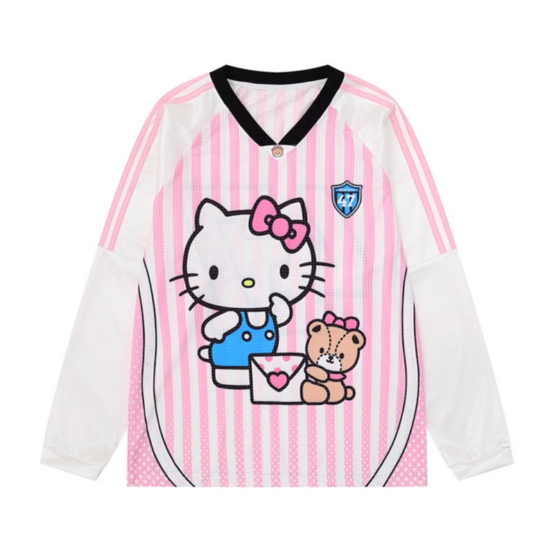 可爱凯蒂猫条纹v领长袖t恤女秋新款球衣网眼镂空宽松运动球服上衣