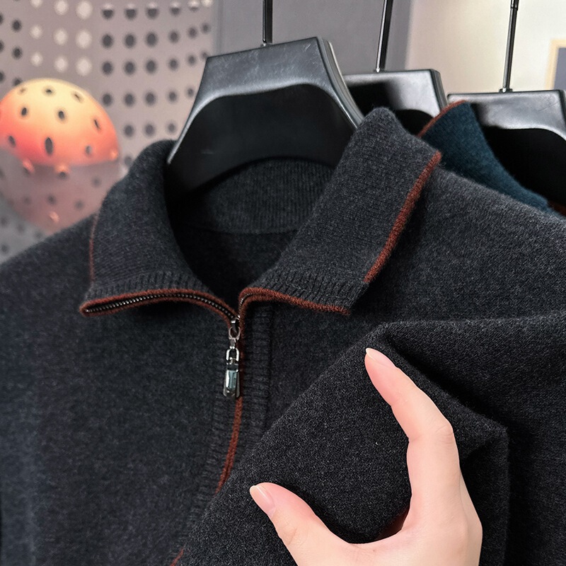 High-end 100% cotton sweater solid color zipper half turtleneck men's thickened winter trendy knitted men's long-sleeved top