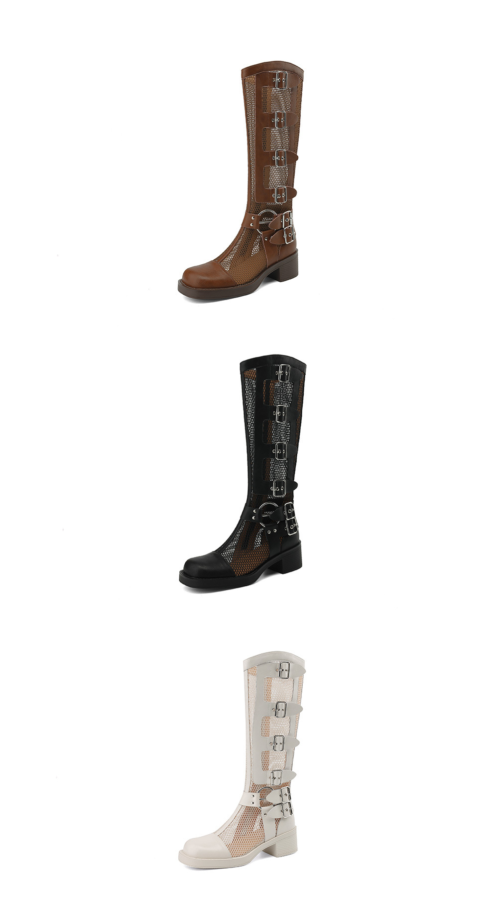 Boot nữ cổ cao lưới hở mũi gót vuông da thật khóa dây — màu nâu, màu đen, màu trắng ngà chi tiết 26