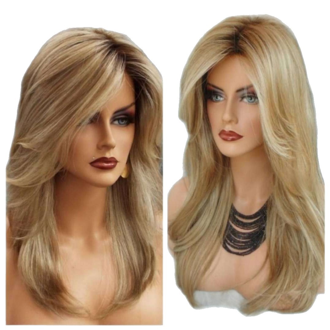 Transfronterizo europeo y americano nueva moda damas cabello de fibra química wig dorado dorado seda de alta temperatura fibra química gran onda peluca