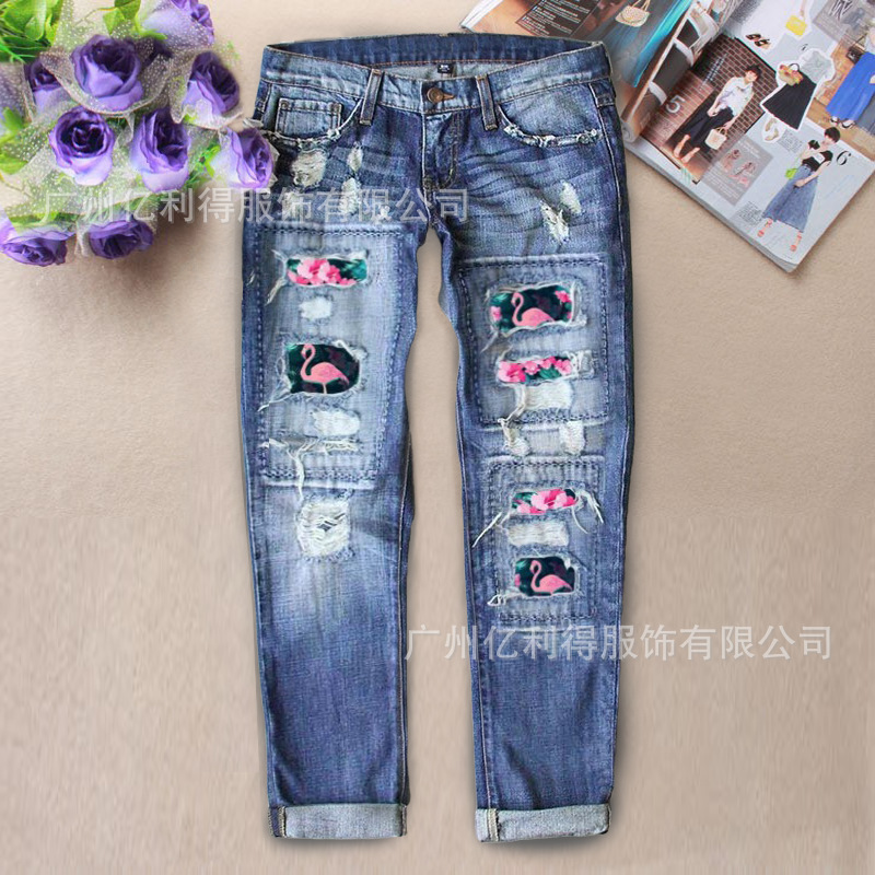 2022 European and American New Cross-border Amazon AliExpress Straight Pants Casual Flamingo Printed Ripped Jeans Women