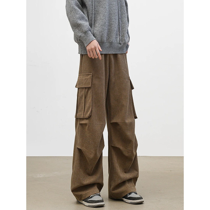 Men's corduroy work pants, American retro style, trendy, with pleats, multiple pockets, loose fit, straight-leg design, versatile casual long pants for spring and autumn