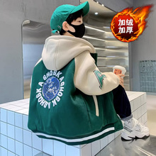 新款中大童男童拼色外套童装冬季男孩棒球服保暖加绒儿童开衫卫衣