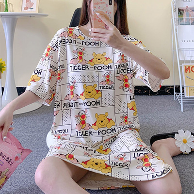 泰国东南亚外贸睡裙女短袖夏季牛奶丝睡衣休闲小熊学生大码家居服