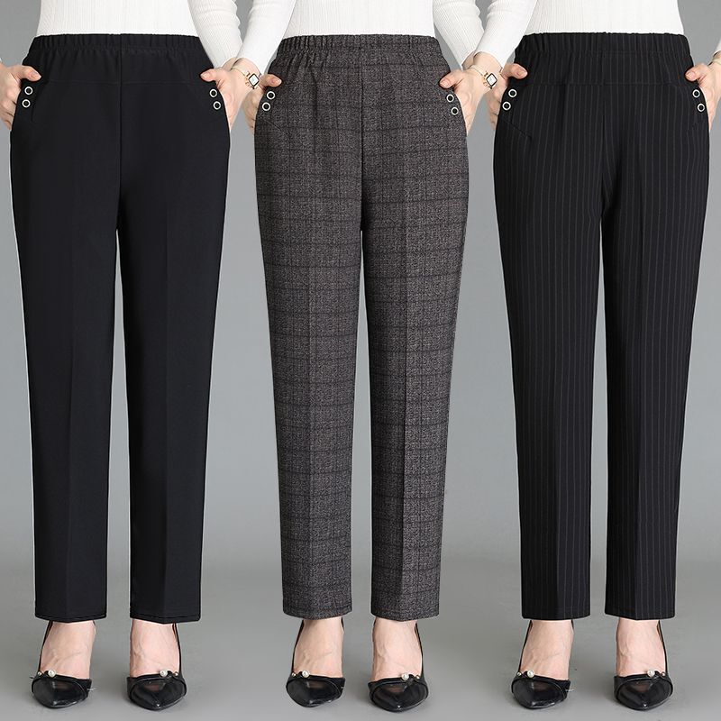 Spring and Autumn Middle-Aged Women's Loose High-Waisted Casual Pants, Straight-Leg Mom Pants, Plus-Size Cross-Border Plaid Striped Trousers