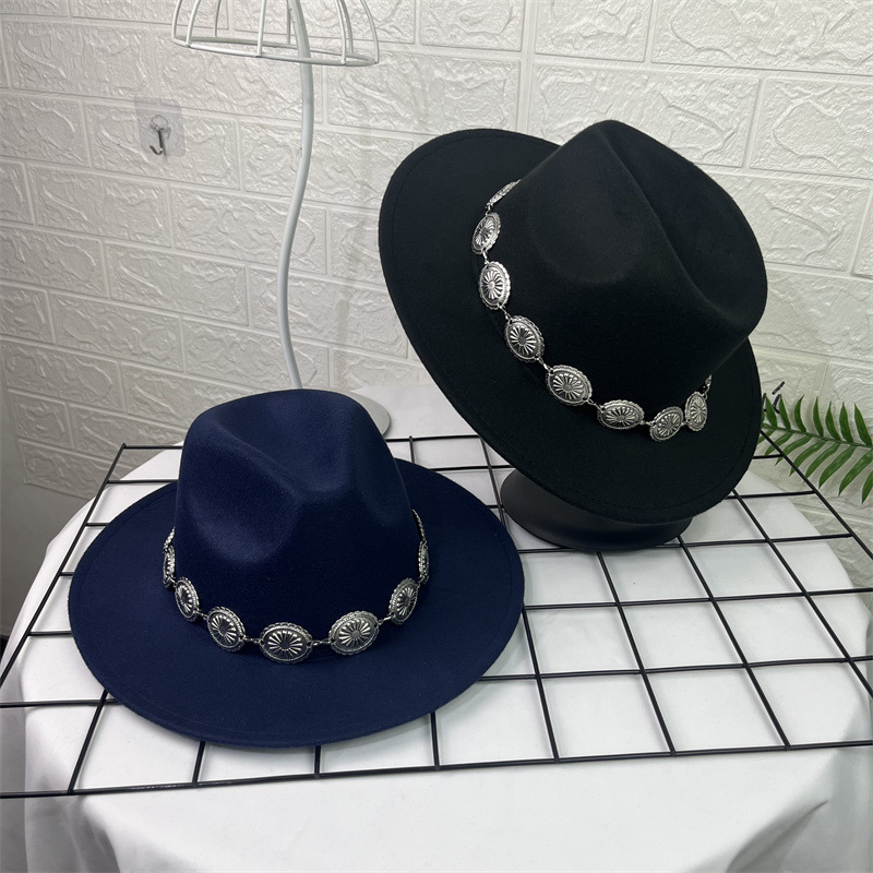 Sombrero de lana europeo y americano sombrero de fieltro de estilo británico decoración de cadena ovalada AliExpress sombrero de jazz borde plano sombrero superior para hombres