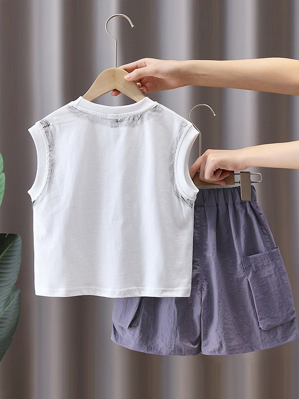 7372 Traje de verano para niños 2025 Nueva ropa sin mangas de verano Chaleco y pantalones cortos de dos piezas de verano