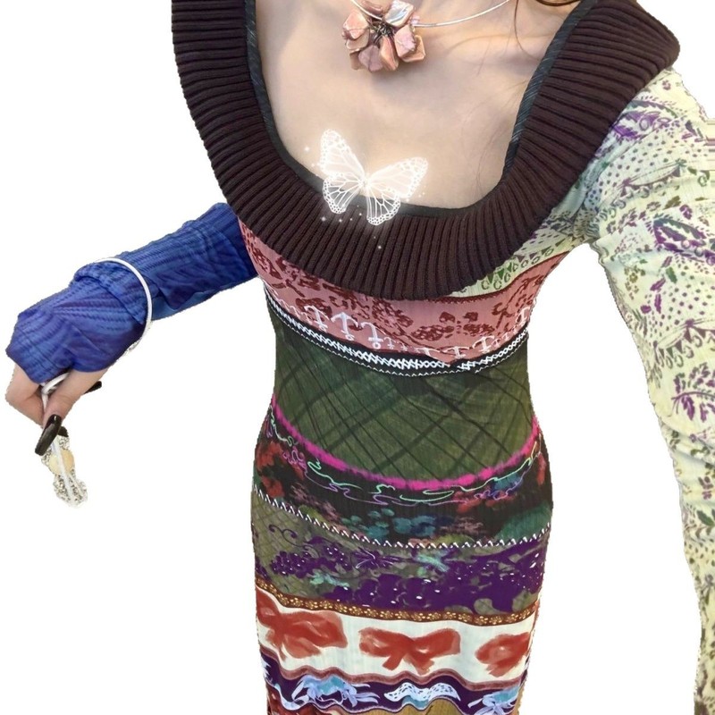プラスサイズのファットmmエスニック娘デザインプリントステッチコントラストカラースリムロングドレス、ネックロープ付き|undefined