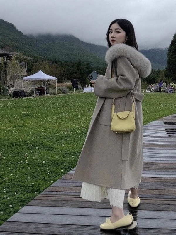 2025新款外套狐狸毛领连帽长款双面呢羊绒大衣女秋冬|undefined