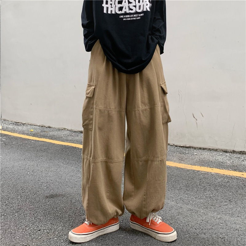 Men's Cargo Pants Spring and Autumn Hong Kong Style Retro Loose Wide-Leg Floor-Length Pants Ins Trendy Drawstring Jogger Casual Pants