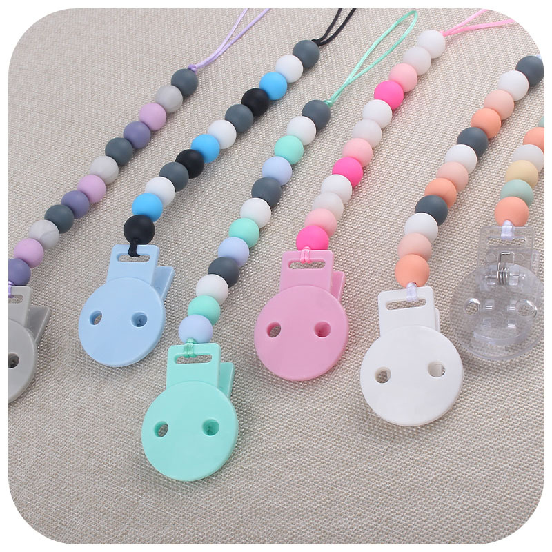 Amazon nuevo bebé suministros bebé calmante cuentas de silicona pezón cadena anti-caída bebé Juguete plástico chupete clip