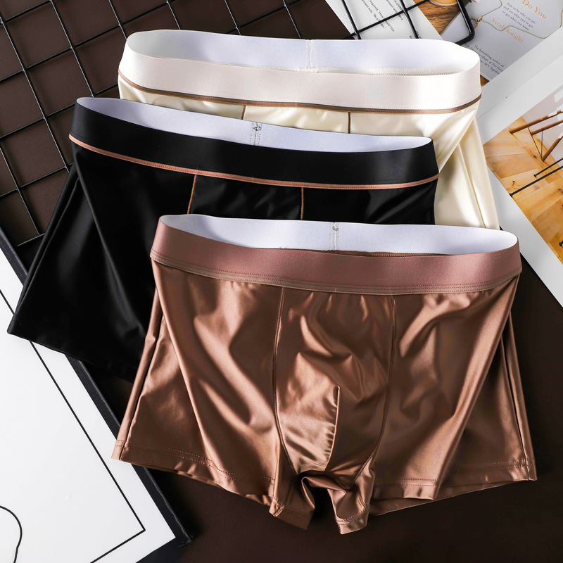 Luxury high-end satin men's boxer briefs with contrasting colors, wide waistband, simple solid color, breathable summer men's boxer shorts