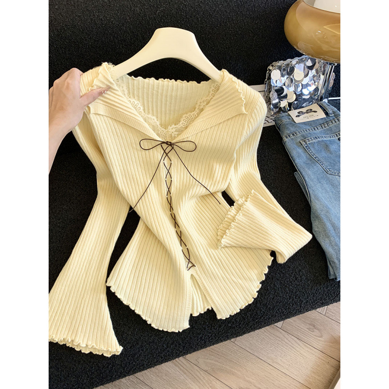 Tangtang~French V-Neck Lace Lace-Up Knitwear for Women, New Spring Style Korean Chic Slim-Fitting Long-Sleeved Top Tangtang~French V-Neck Lace Lace-Up Knitwear for Women, New Spring Style Korean Chic Slim-Fitting Long-Sleeved Top
