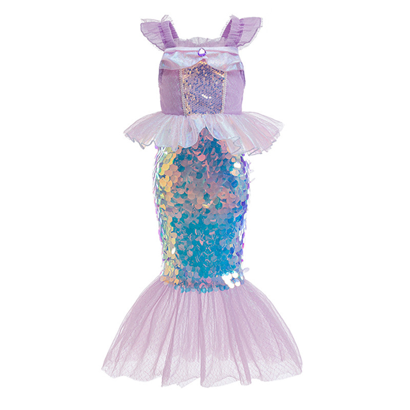 Summer Girls Mermaid Purple Princess Dress Halloween Christmas Ariel Performance Dress Fishtail Sequin