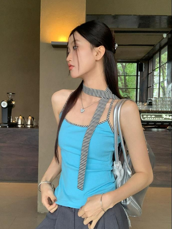 美式辣妹飘带无袖吊带背心女夏季外穿修身设计感小众短款条纹上衣|undefined